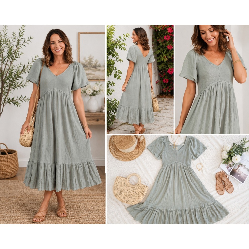 Jodifl Sage Green Smocked Flutter Sleeve Tiered Midi Dress Womens Size Medium
